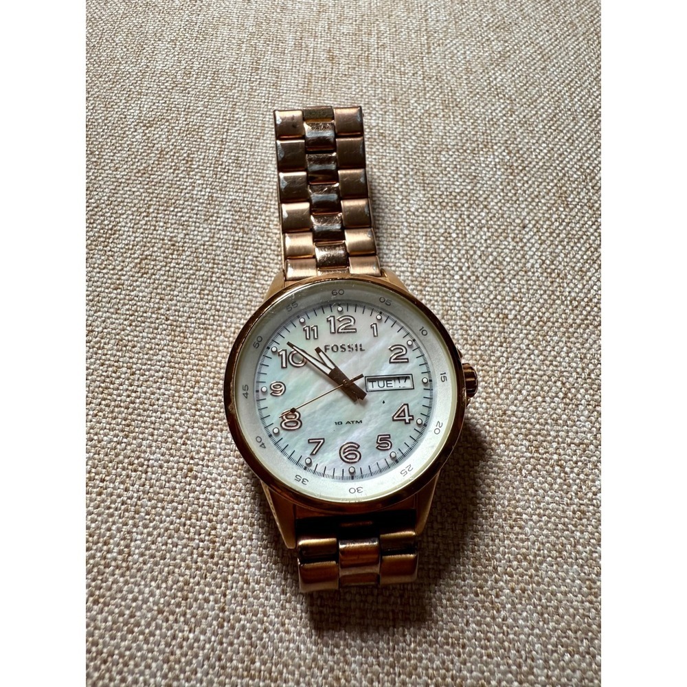 Fossil Rose Gold Tone Mother of Pearl‎ Dial Day Date Women's Watch 10 ATM Water